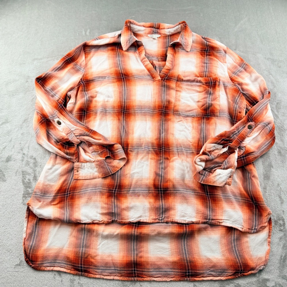 Cato Women's XL Orange Plaid Rayon Tunic Top Blouse Roll Tab Sleeve High Low Hem